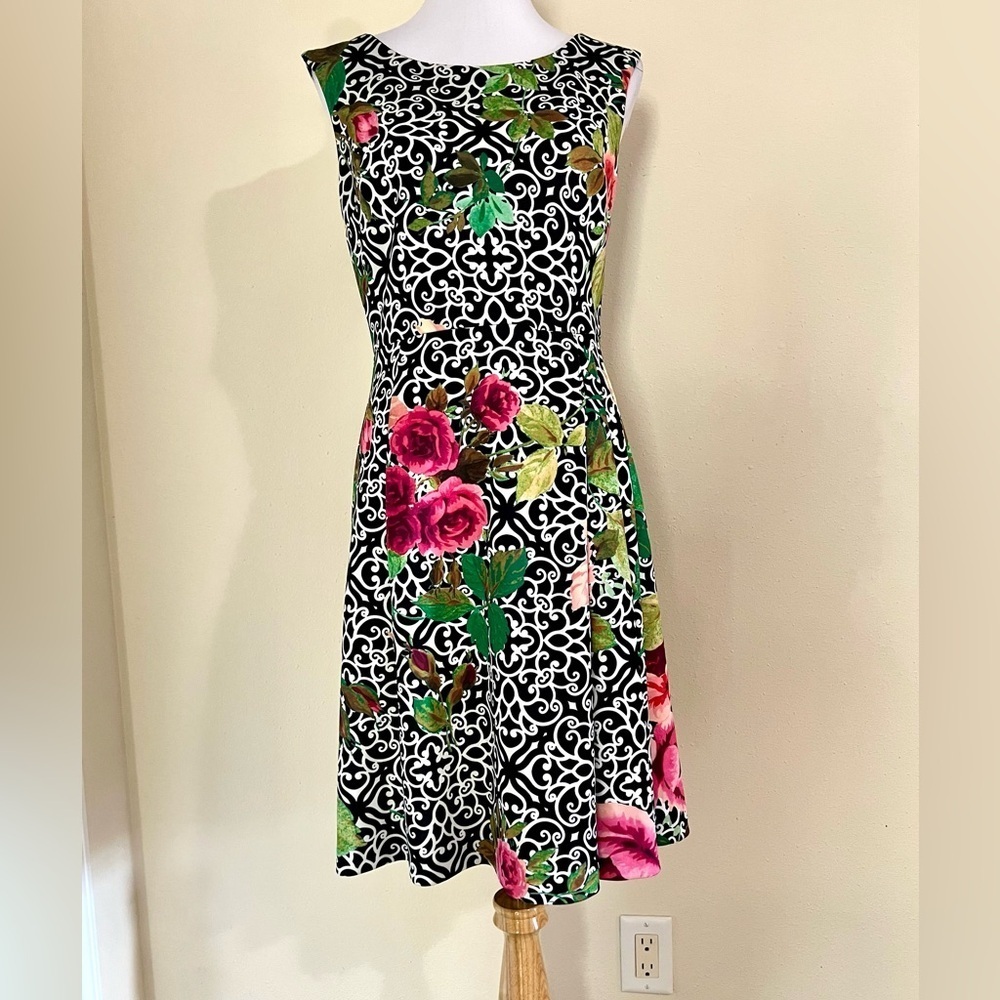 Joseph Ribkoff Fit Flare Black Pink Floral Mini Dress cottage stretch womens 8